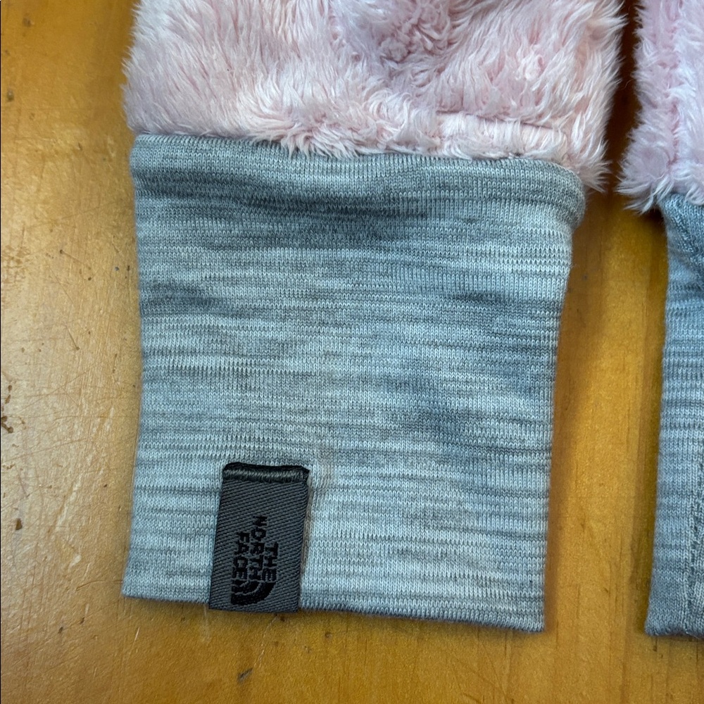 NORTH FACE 3T Pink Minky Osilito Mitt Mittens Thumbs Gray Elastic Band Skiing - Picture 3 of 6